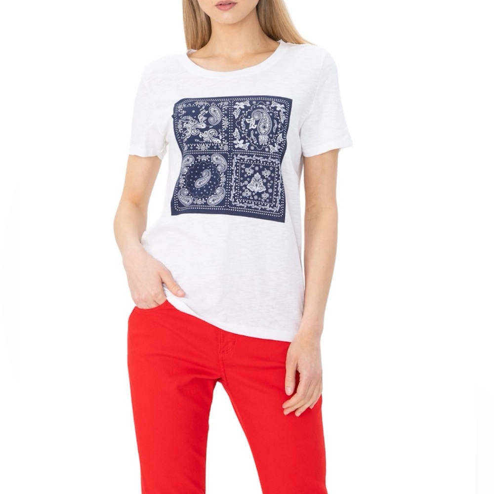 S.Oliver White 100% Cotton T-shirt With Blue Paisley Square Print EU 42 XL US